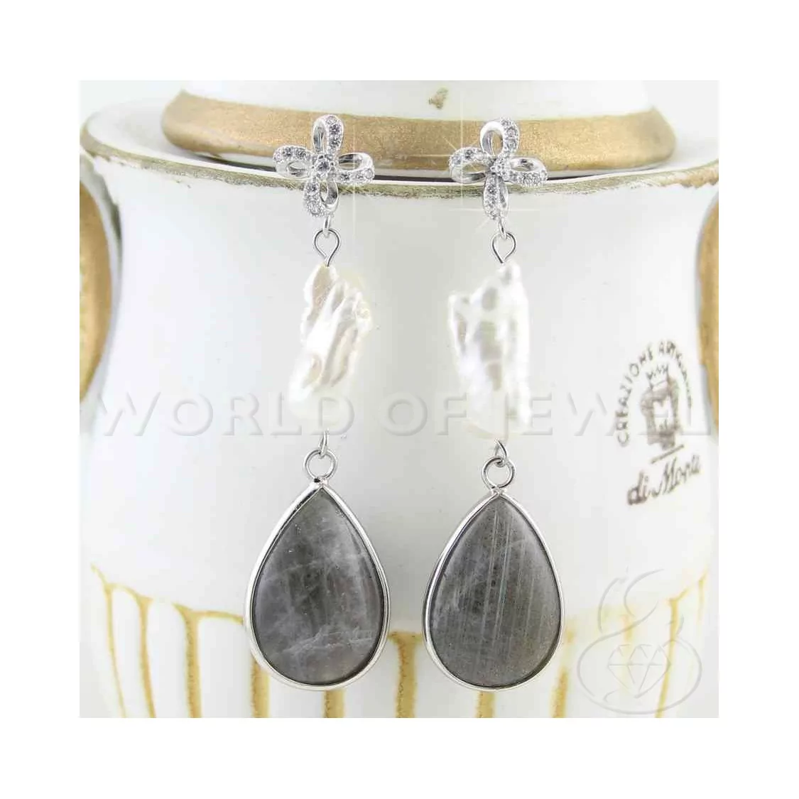 Orecchini A Perno Di Argento 925 Con Perle Di Fiume E Goccia Di Labradorite 15x58mm-ARGENTO 925 FANTASIA | Worldofjewel.com