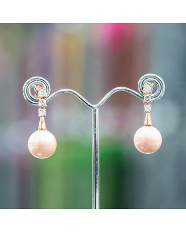 Orecchini A Perno Di Argento 925 Con Punti Luce E Perle Di Maiorca 14x34mm Rosa-ARGENTO 925 DESIGN ITALY | Worldofjewel.com