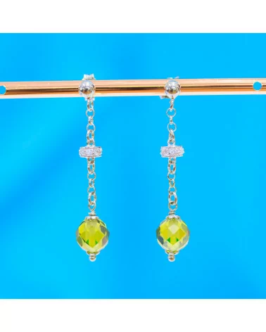 Orecchini A Perno Di Argento 925 Con Zirconi A Sfera Sfaccettata Peridot E Rondelle Zirconate 8x40mm-ARGENTO 925 DESIGN ITALY | Worldofjewel.com