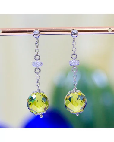 Orecchini A Perno Di Argento 925 Con Zirconi A Sfera Sfaccettata E Rondelle Zirconate Verde Peridot Chiaro 12x45mm-ARGENTO 925 DESIGN ITALY | Worldofjewel.com