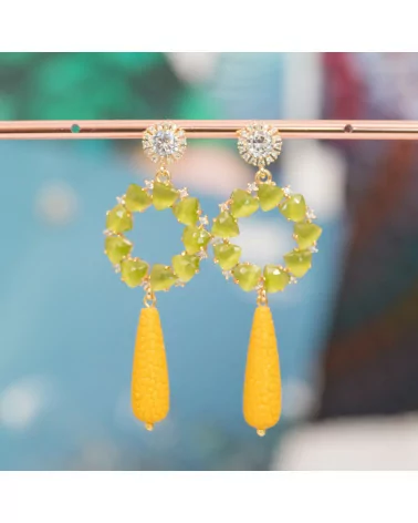 Orecchini A Perno Di Ottone Con Punto Luce E Occhio Di Gatto Incastonato E Gocce Di Resina 25x72mm Giallo-Verde-ARGENTO 925 CRYSTAL | Worldofjewel.com