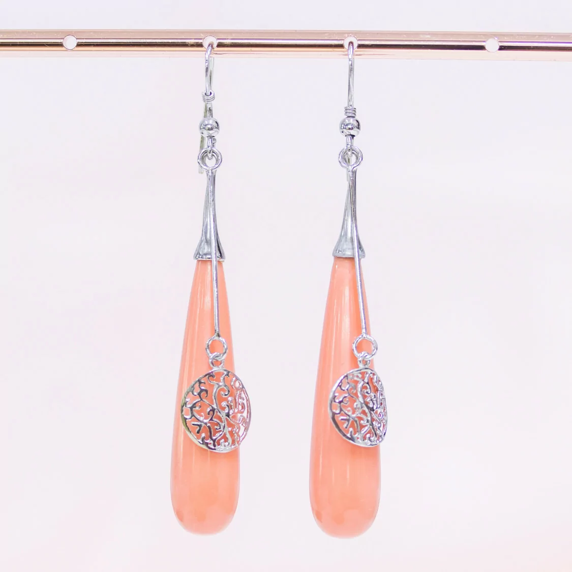 Orecchini Di Argento 925 A Monachella Con Gocce Di Pasta Di Corallo Rosa-ARGENTO 925 FANTASIA | Worldofjewel.com