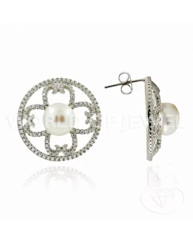 Orecchini Di Argento 925 A Perno Con Zirconi E Perle Di Fiume Tondo 23mm 1 Paio-ARGENTO 925 FANTASIA | Worldofjewel.com