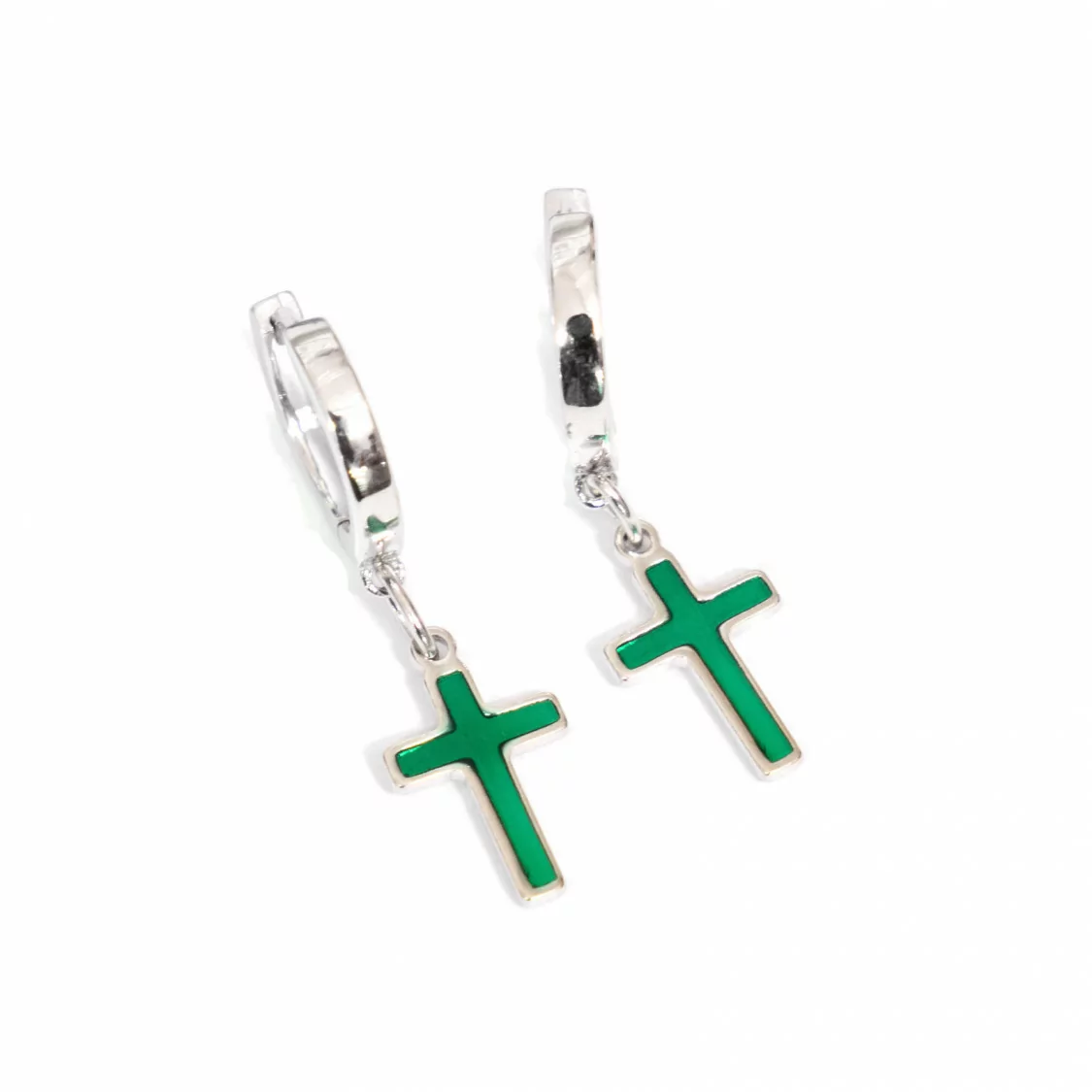 Orecchini Di Argento 925 Con Perno A Cerchietto E Pendenti Smaltati A Croce Verde 10x34mm-ARGENTO 925 DESIGN ITALY | Worldofjewel.com