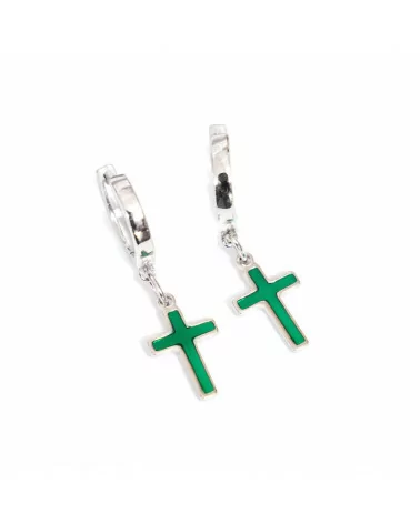 Orecchini Di Argento 925 Con Perno A Cerchietto E Pendenti Smaltati A Croce Verde 10x34mm-ARGENTO 925 DESIGN ITALY | Worldofjewel.com