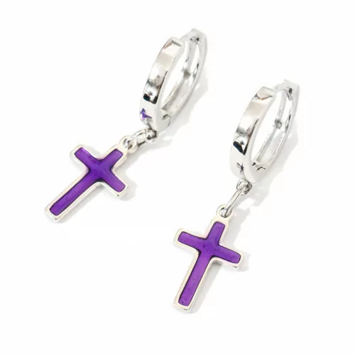 Boucles d'oreilles en argent sterling 925 avec pendentifs émaillés broche cercle et croix violette