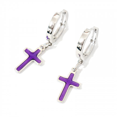 925 Silver Earrings With Circle Stud And Purple Cross Enamelled Pendants 10x34mm