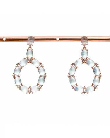 Orecchini Di Bronzo A Perno Con Occhio Di Gatto Incastonato Ovale Con Zirconi 25,5x42mm Oro Rosa Acqua-BRONZO CRYSTAL | Worldofjewel.com