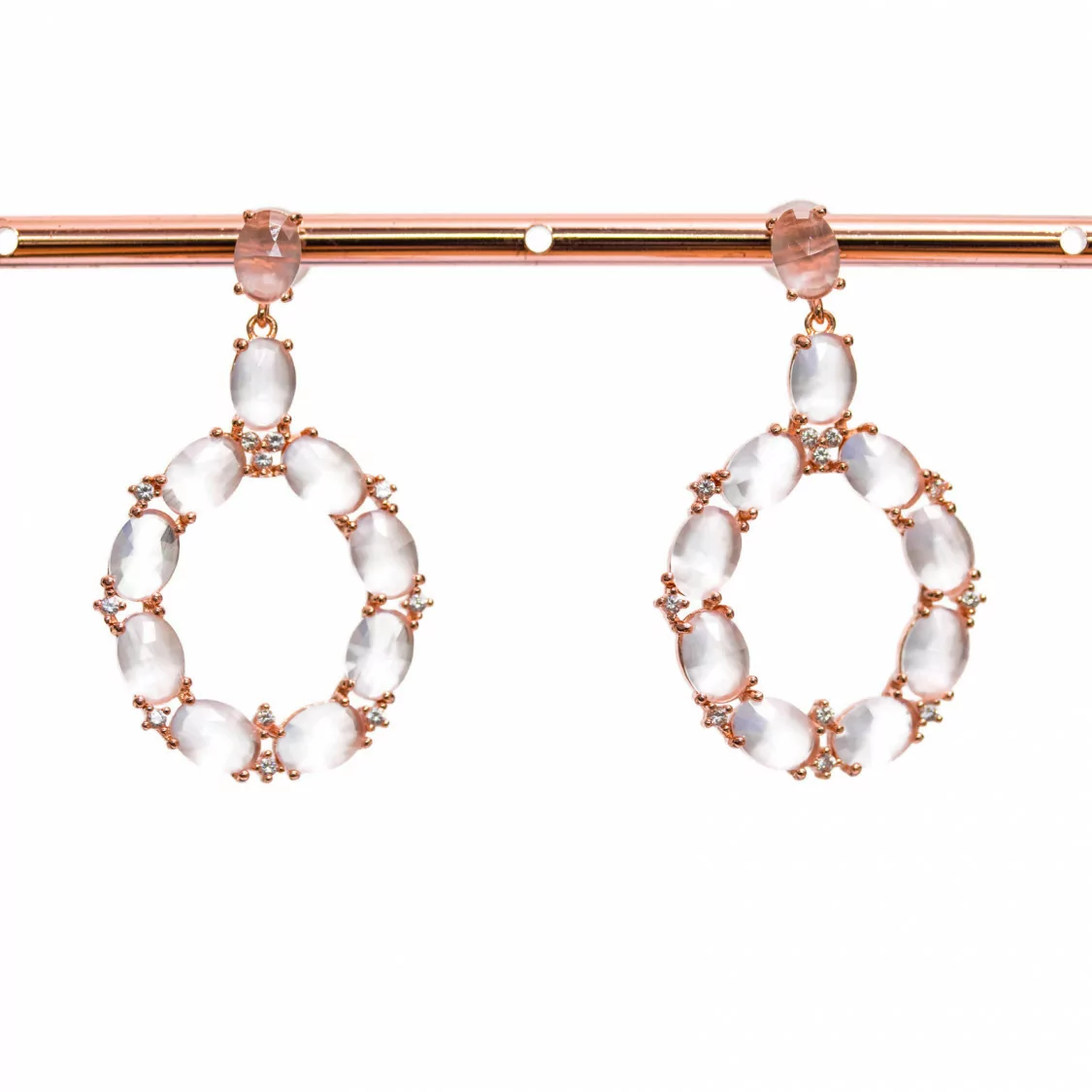 Orecchini Di Bronzo A Perno Con Occhio Di Gatto Incastonato Ovale Con Zirconi 25,5x42mm Oro Rosa Bianco-BRONZO CRYSTAL | Worldofjewel.com