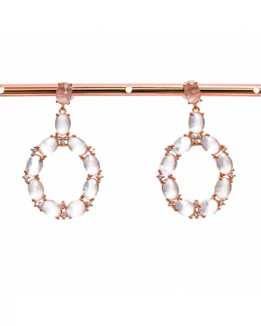 Orecchini Di Bronzo A Perno Con Occhio Di Gatto Incastonato Ovale Con Zirconi 25,5x42mm Oro Rosa Bianco-BRONZO CRYSTAL | Worldofjewel.com