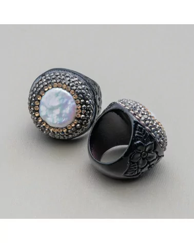 Anello Di Resina Con Strass Marcasite 30mm E Perle Barocche Nero-ANELLI BIJOUX | Worldofjewel.com