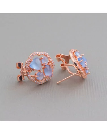 Base Per Orecchini Di Ottone A Perno Chiuso Fiore Con Cabochon Di Occhi Di Gatto Incastonati 16mm 5 Paia Oro Rosa Azzurro-BASI CON PIETRE E PERLINE | Worldofjewel.com