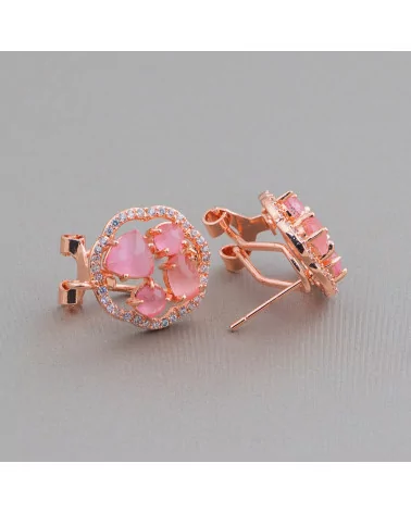 Base Per Orecchini Di Ottone A Perno Chiuso Fiore Con Cabochon Di Occhi Di Gatto Incastonati 16mm 5 Paia Oro Rosa Fucsia-BASI CON PIETRE E PERLINE | Worldofjewel.com