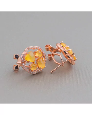 Base Per Orecchini Di Ottone A Perno Chiuso Fiore Con Cabochon Di Occhi Di Gatto Incastonati 16mm 5 Paia Oro Rosa Giallo-BASI CON PIETRE E PERLINE | Worldofjewel.com