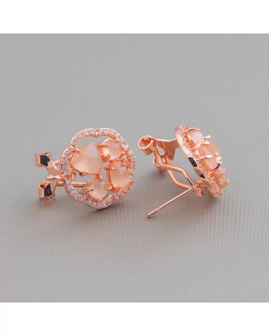 Base Per Orecchini Di Ottone A Perno Chiuso Fiore Con Cabochon Di Occhi Di Gatto Incastonati 16mm 5 Paia Oro Rosa Pesca-BASI CON PIETRE E PERLINE | Worldofjewel.com