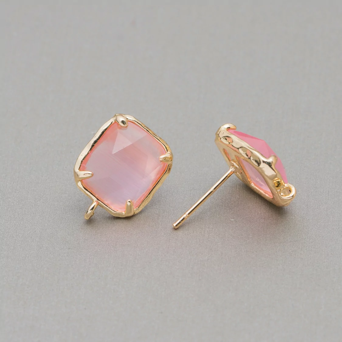 Base Per Orecchini Di Ottone A Perno Con Occhio Di Gatto Sfaccettato Rettangolo 10,5x13mm 5 Paia Rosa-BASI CON PIETRE E PERLINE | Worldofjewel.com