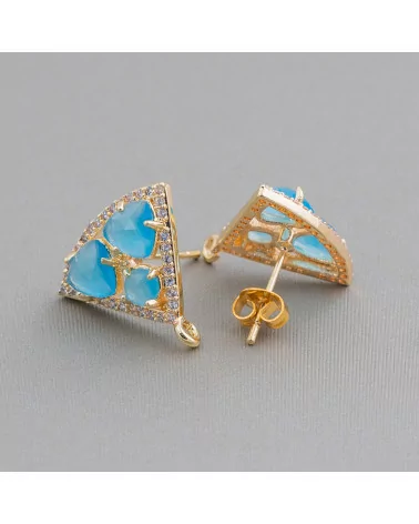 Base Per Orecchini Di Ottone A Perno Triangolo Con Cabochon Di Occhi Di Gatto Incastonati 18x15mm 5 Paia Dorato Azzurro-BASI CON PIETRE E PERLINE | Worldofjewel.com