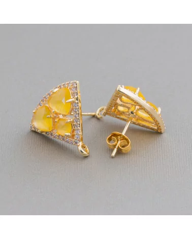 Base Per Orecchini Di Ottone A Perno Triangolo Con Cabochon Di Occhi Di Gatto Incastonati 18x15mm 5 Paia Dorato Giallo-BASI CON PIETRE E PERLINE | Worldofjewel.com