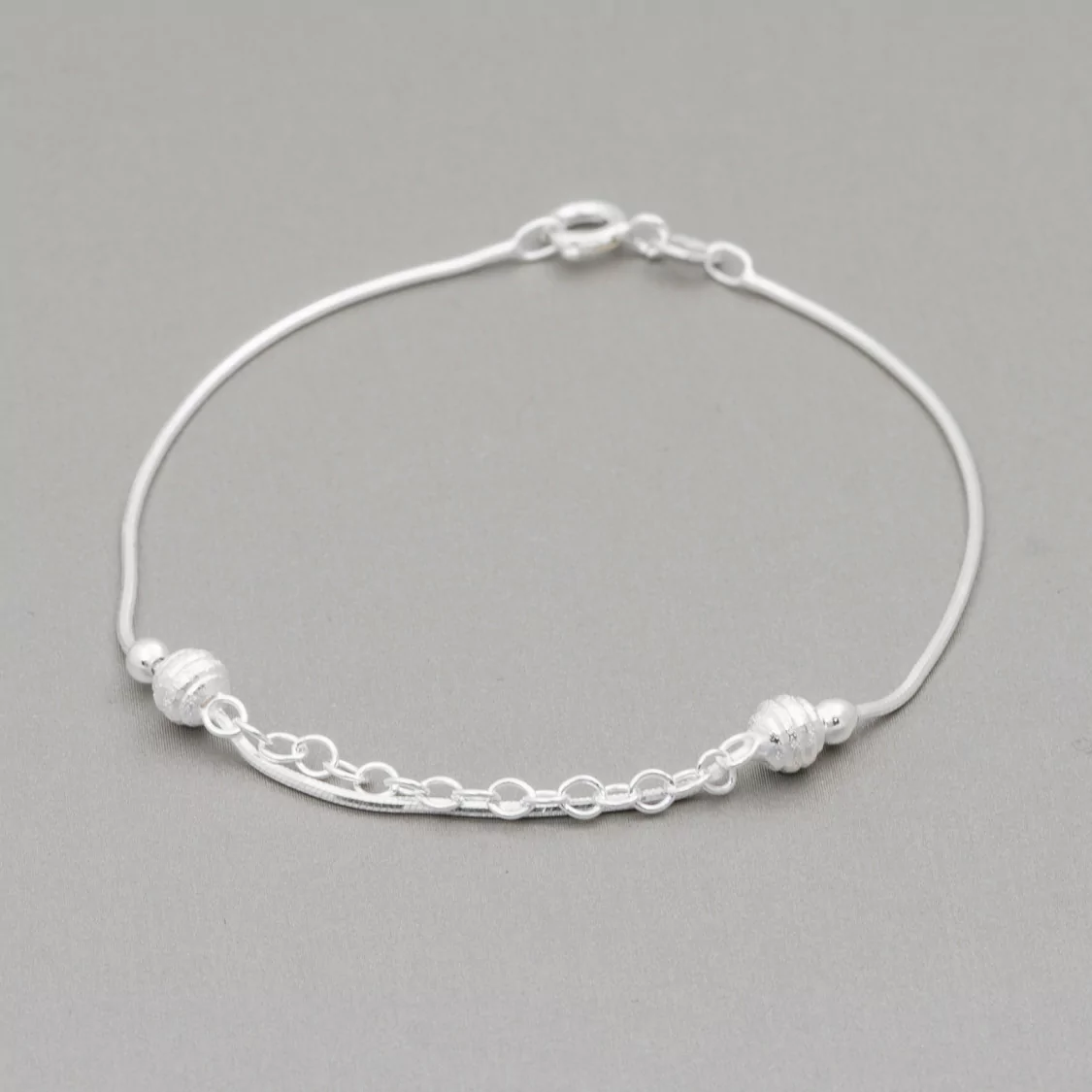 Bracciale Di Argento 925 'Alice' Con Catena Cobra E Catena Tonda Con Sfere Rigate 5mm Lungo 19cm 1pz Argentato-BRACCIALI DI ARGENTO 925 | Worldofjewel.com