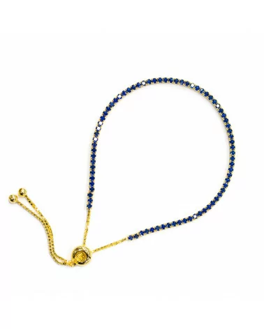 Bracciale Di Argento 925 Tennis Saliscendi Con Zirconi 2mm Dorato + Blu Zaffiro Con Misura Regolabile 2pz-BRACCIALI TENNIS | Worldofjewel.com