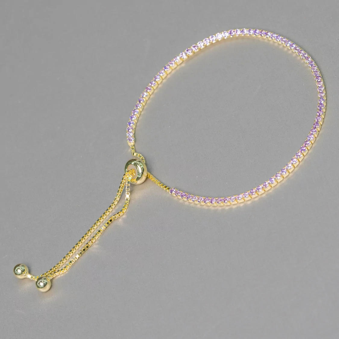 Bracciale Di Argento 925 Tennis Saliscendi Con Zirconi 2mm Dorato + Lavanda Con Misura Regolabile 2pz-BRACCIALI TENNIS | Worldofjewel.com