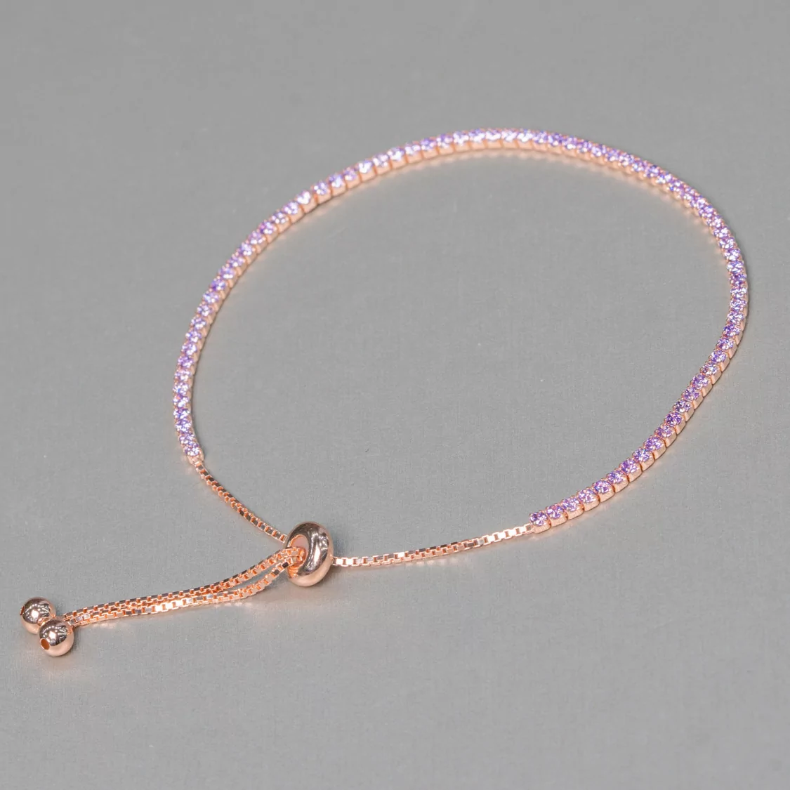 Bracciale Di Argento 925 Tennis Saliscendi Con Zirconi 2mm Oro Rosa + Lavanda Con Misura Regolabile 2pz-BRACCIALI TENNIS | Worldofjewel.com