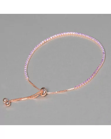 Bracciale Di Argento 925 Tennis Saliscendi Con Zirconi 2mm Oro Rosa + Lavanda Con Misura Regolabile 2pz-BRACCIALI TENNIS | Worldofjewel.com