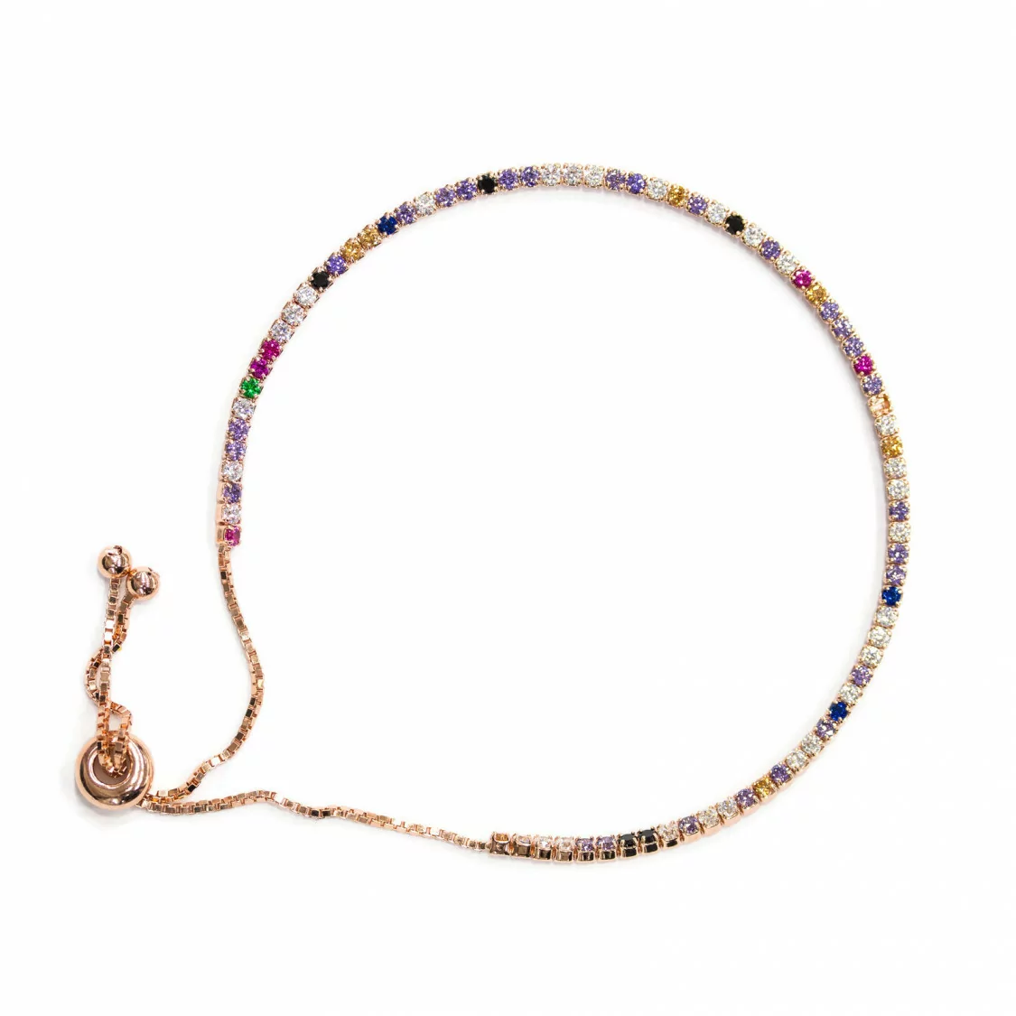 Bracciale Di Argento 925 Tennis Saliscendi Con Zirconi 2mm Oro Rosa + Multicolor Con Misura Regolabile 2pz-BRACCIALI TENNIS | Worldofjewel.com