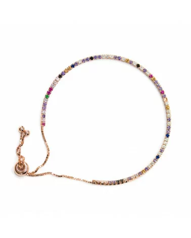 Bracciale Di Argento 925 Tennis Saliscendi Con Zirconi 2mm Oro Rosa + Multicolor Con Misura Regolabile 2pz-BRACCIALI TENNIS | Worldofjewel.com