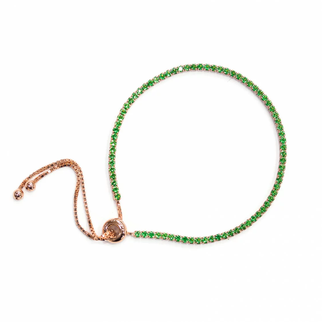 Bracciale Di Argento 925 Tennis Saliscendi Con Zirconi 2mm Oro Rosa + Verde Smeraldo Con Misura Regolabile 2pz-BRACCIALI TENNIS | Worldofjewel.com