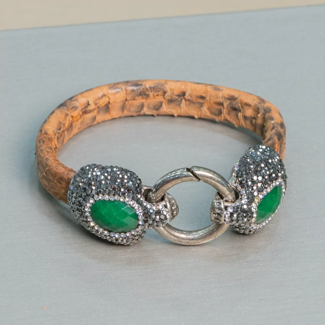 Bracciale Di Pelle Con Centrali Strass Marcasite Chiusura A Scatto - Color Arancio e Giada Smeraldite-BRACCIALI BIJOUX | Worldofjewel.com