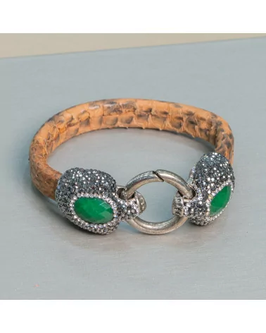 Bracciale Di Pelle Con Centrali Strass Marcasite Chiusura A Scatto - Color Arancio e Giada Smeraldite-BRACCIALI BIJOUX | Worldofjewel.com