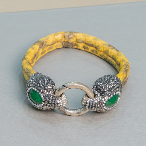 Bracelet en cuir avec fermeture à pression centrale en strass marcassite - Couleur jade jaune et émeraude