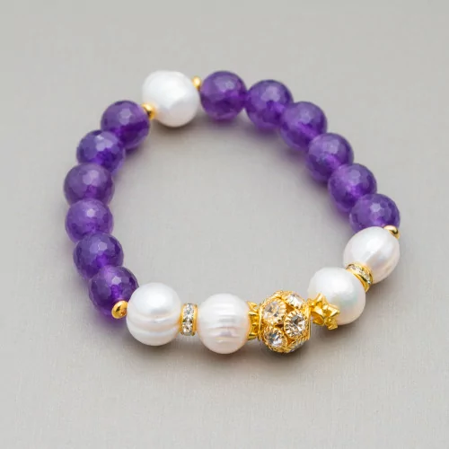 Bracciale Elastico Con Pietre Dure E Perle Di Fiume Con Centrale Sfera In Ottone E Zirconi 10-12mm Viola