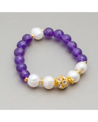 Bracciale Elastico Con Pietre Dure E Perle Di Fiume Con Centrale Sfera In Ottone E Zirconi 10-12mm Viola-BRACCIALI DI PIETRE E PERLE | Worldofjewel.com