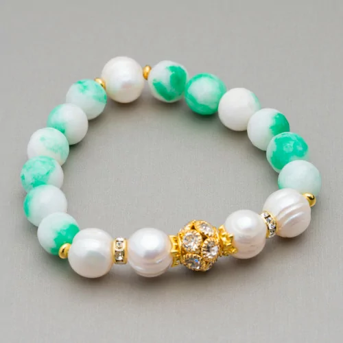 Bracciale Elastico Con Pietre Dure E Perle Di Fiume Con Centrale Sfera In Ottone E Zirconi 10-12mm Verde Bianco Mix-BRACCIALI DI PIETRE E PERLE | Worldofjewel.com