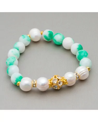 Bracciale Elastico Con Pietre Dure E Perle Di Fiume Con Centrale Sfera In Ottone E Zirconi 10-12mm Verde Bianco Mix-BRACCIALI DI PIETRE E PERLE | Worldofjewel.com