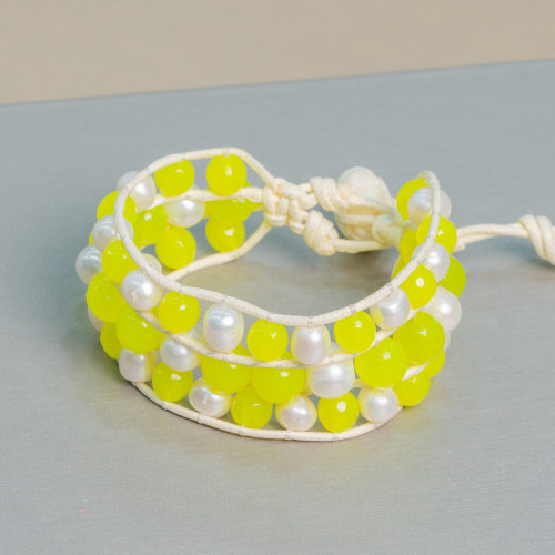 Bracciale Intrecciato Di Pietre Dure E Perle Di Fiume A 3 File Giada Giallo Fluo