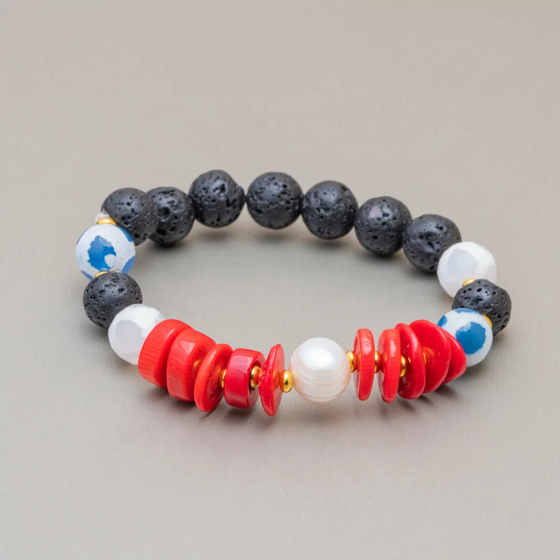 Bracciali Di Pietra Lavica Con Corallo Bamboo E Perle 10-12mm Mod. Azzurro-BRACCIALI DI PIETRE DURE | Worldofjewel.com