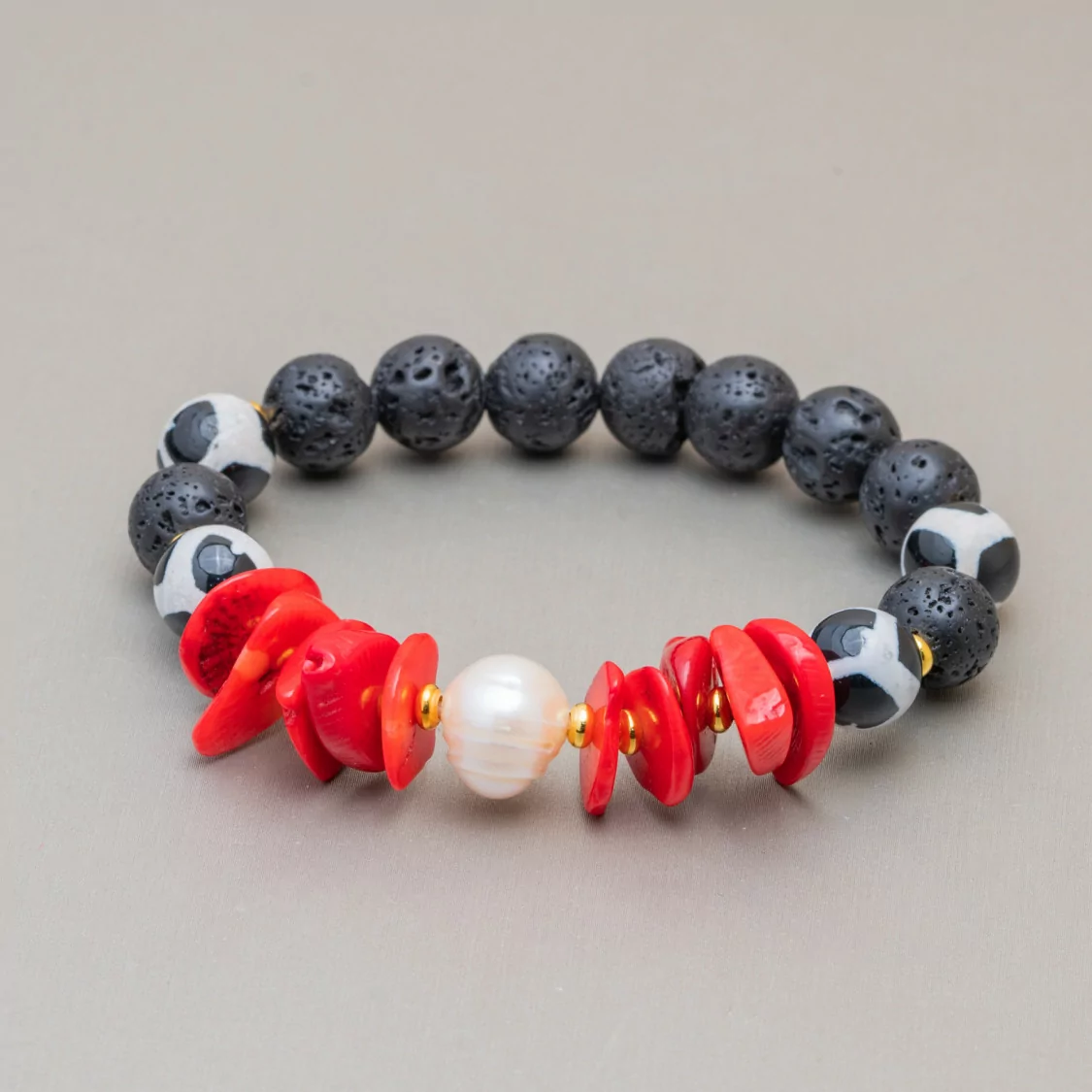 Bracciali Di Pietra Lavica Con Corallo Bamboo E Perle 10-12mm Nero-BRACCIALI DI PIETRE DURE | Worldofjewel.com