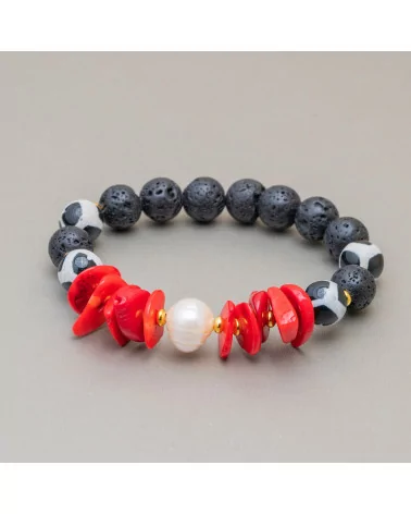 Bracciali Di Pietra Lavica Con Corallo Bamboo E Perle 10-12mm Nero-BRACCIALI DI PIETRE DURE | Worldofjewel.com