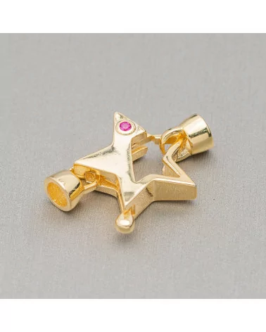 Chiusura Di Argento 925 A Moschettone Con Coppette e Punto Luce A Stella 17x25mm 2pz Dorato Ruby-CHIUSURE DI ARGENTO | Worldofjewel.com