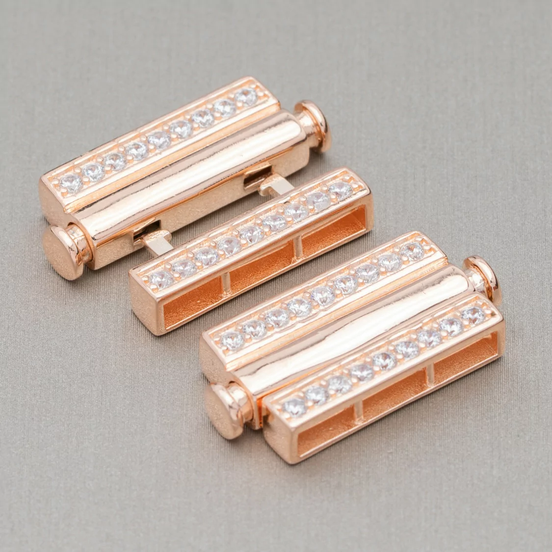 Chiusura Di Argento 925 Multifilo Con Zirconi Con Meccanismo a Pulsante 12,5x35mm 1pz Oro Rosa-CHIUSURE DI ARGENTO | Worldofjewel.com