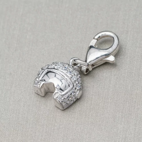 Pendant Charms Of 925 Silver Helmet With Visor And Zircons With Carabiner 11x23mm 4Pcs