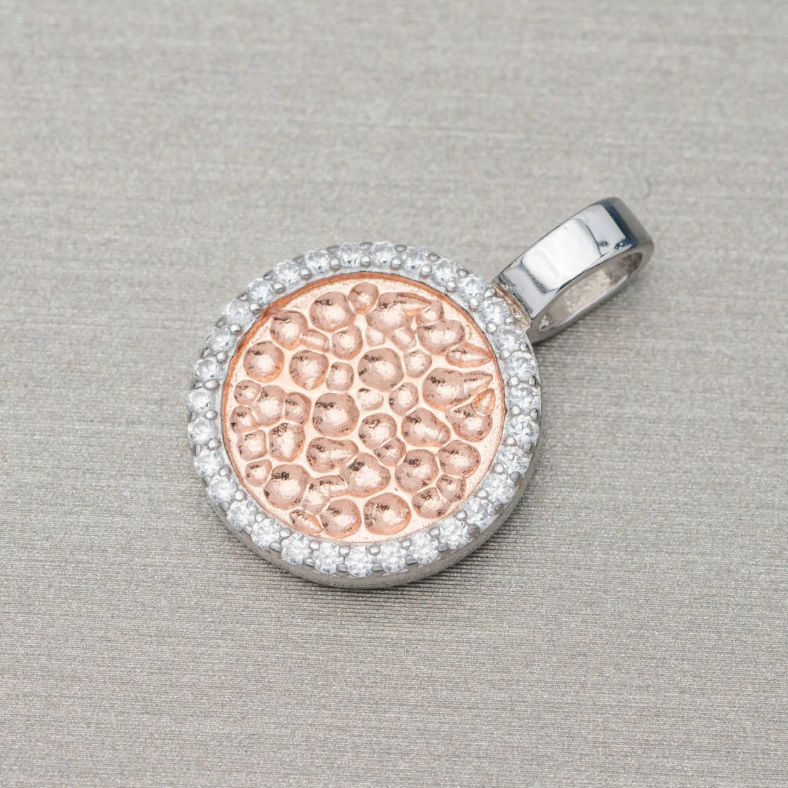 Ciondolo Pendente Di Argento 925 Cerchio Battuto 13,5x20mm Con Zirconi Rodiato E Oro Rosa 4pz-ARGENTO 925 DESIGN ITALY | Worldofjewel.com