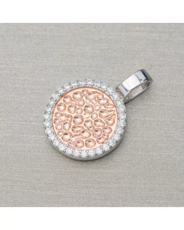 Ciondolo Pendente Di Argento 925 Cerchio Battuto 13,5x20mm Con Zirconi Rodiato E Oro Rosa 4pz-ARGENTO 925 DESIGN ITALY | Worldofjewel.com