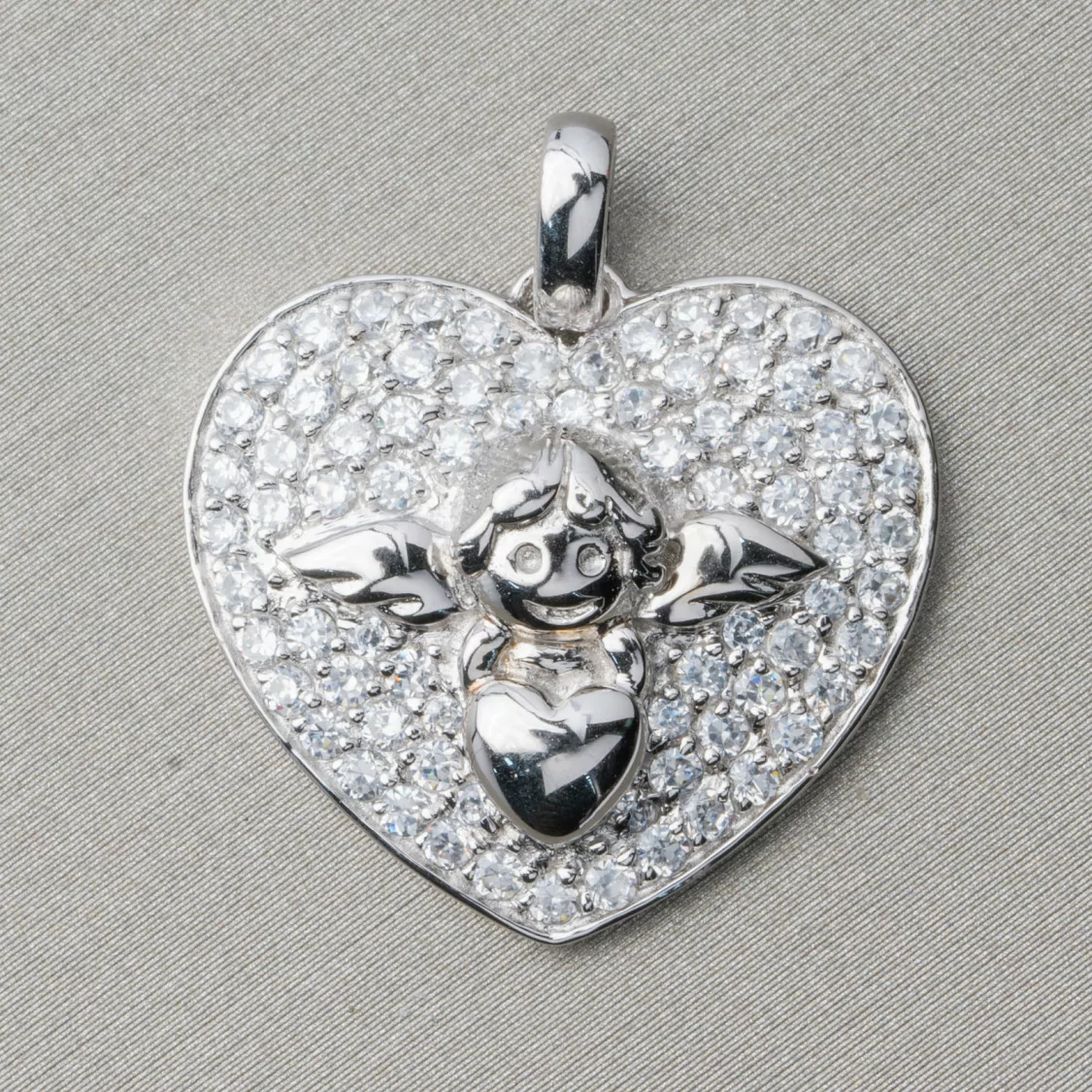 Ciondolo Pendente Di Argento 925 Con Zirconi Cuore E Angioletto 22mm-ARGENTO 925 DESIGN ITALY | Worldofjewel.com