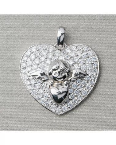 Ciondolo Pendente Di Argento 925 Con Zirconi Cuore E Angioletto 22mm-ARGENTO 925 DESIGN ITALY | Worldofjewel.com