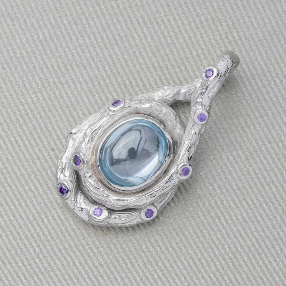 Ciondolo Pendente Di Argento 925 Con Zirconi E Cabochon Di Pietre Idrotermale 18x34mm Rodiato-ARGENTO 925 DESIGN ITALY | Worldofjewel.com