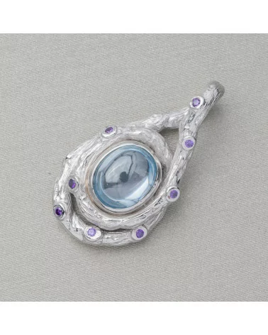 Ciondolo Pendente Di Argento 925 Con Zirconi E Cabochon Di Pietre Idrotermale 18x34mm Rodiato-ARGENTO 925 DESIGN ITALY | Worldofjewel.com